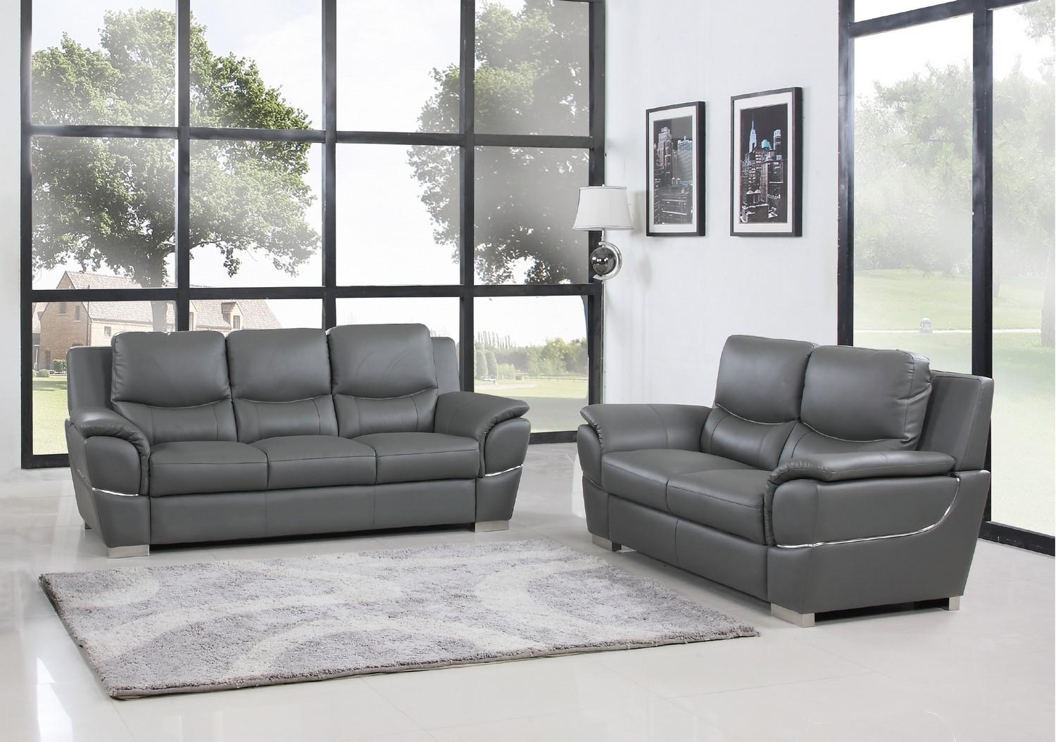 Contemporary Sofa and Loveseat Set 4572 4572-GRAY-2PC in Gray Leather gel match