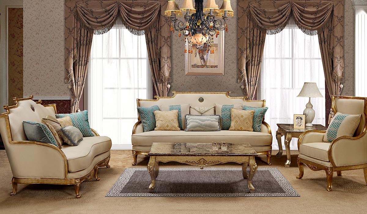 Traditional Sofa Loveseat Chair and Coffee Table Majestic Majestic-Set-4 in Light Beige, Gold Fabric