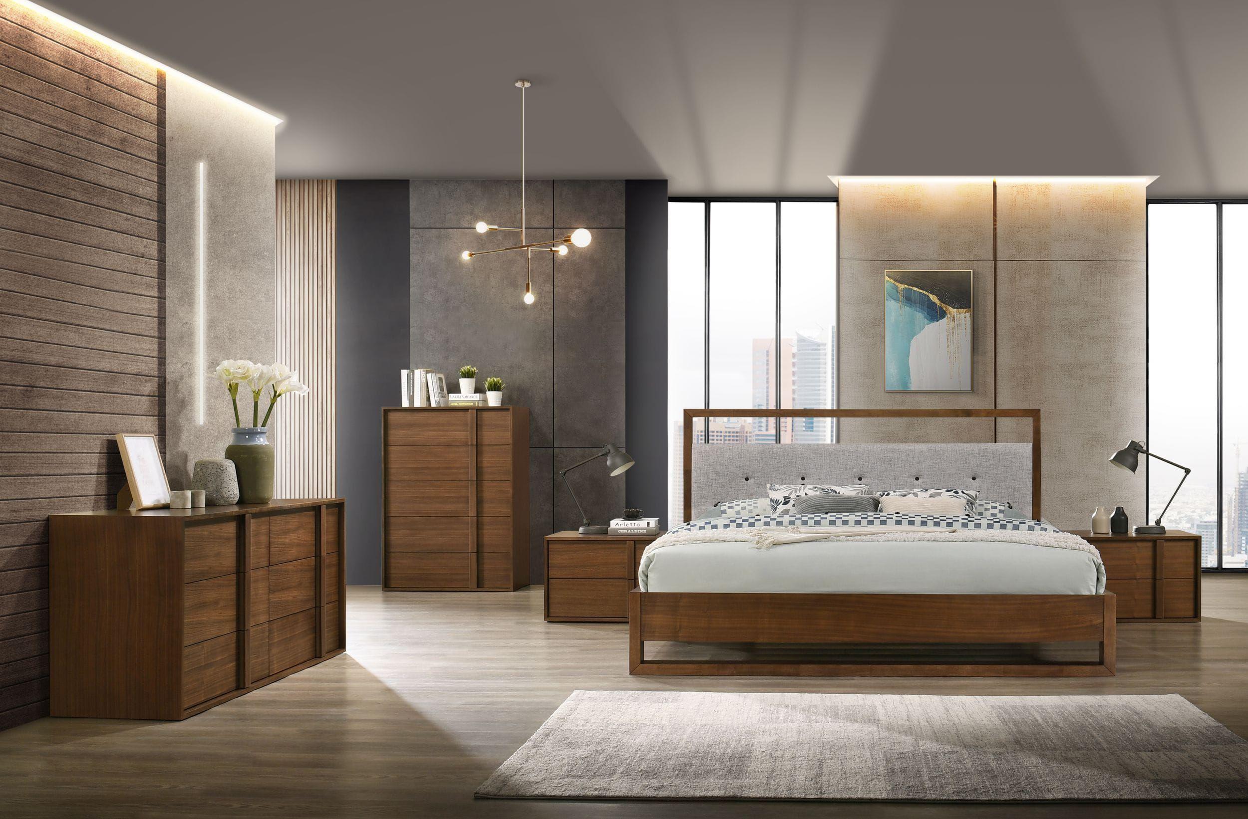 

    
Grey Fabric & Walnut Veneer Queen Panel Bedroom Set 5Pcs by VIG Nova Domus Falcor
