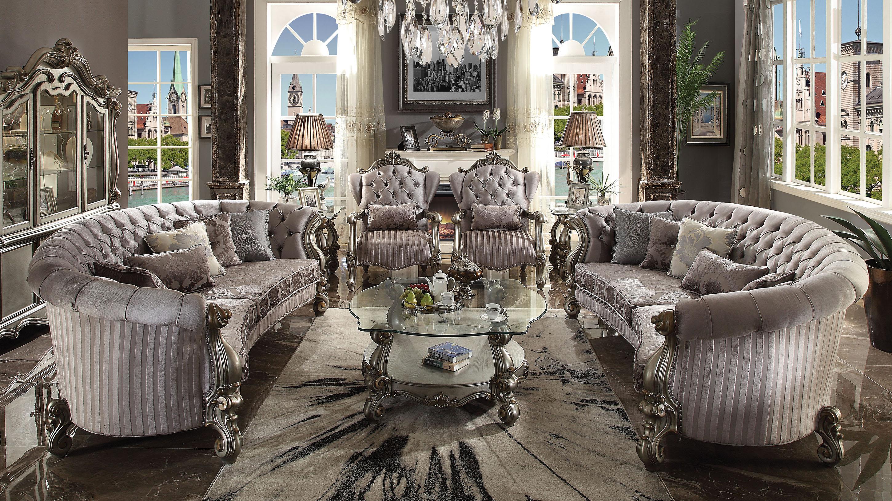 

    
Grey Velvet & Antique Platinum Sofa Set 4P Versailles-56845 Acme Traditional
