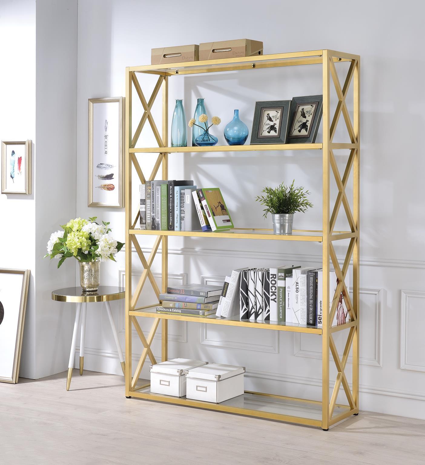 

    
Home Office Bookshelf Gold & Glass Milavera 92460 Acme Contemporary Modern
