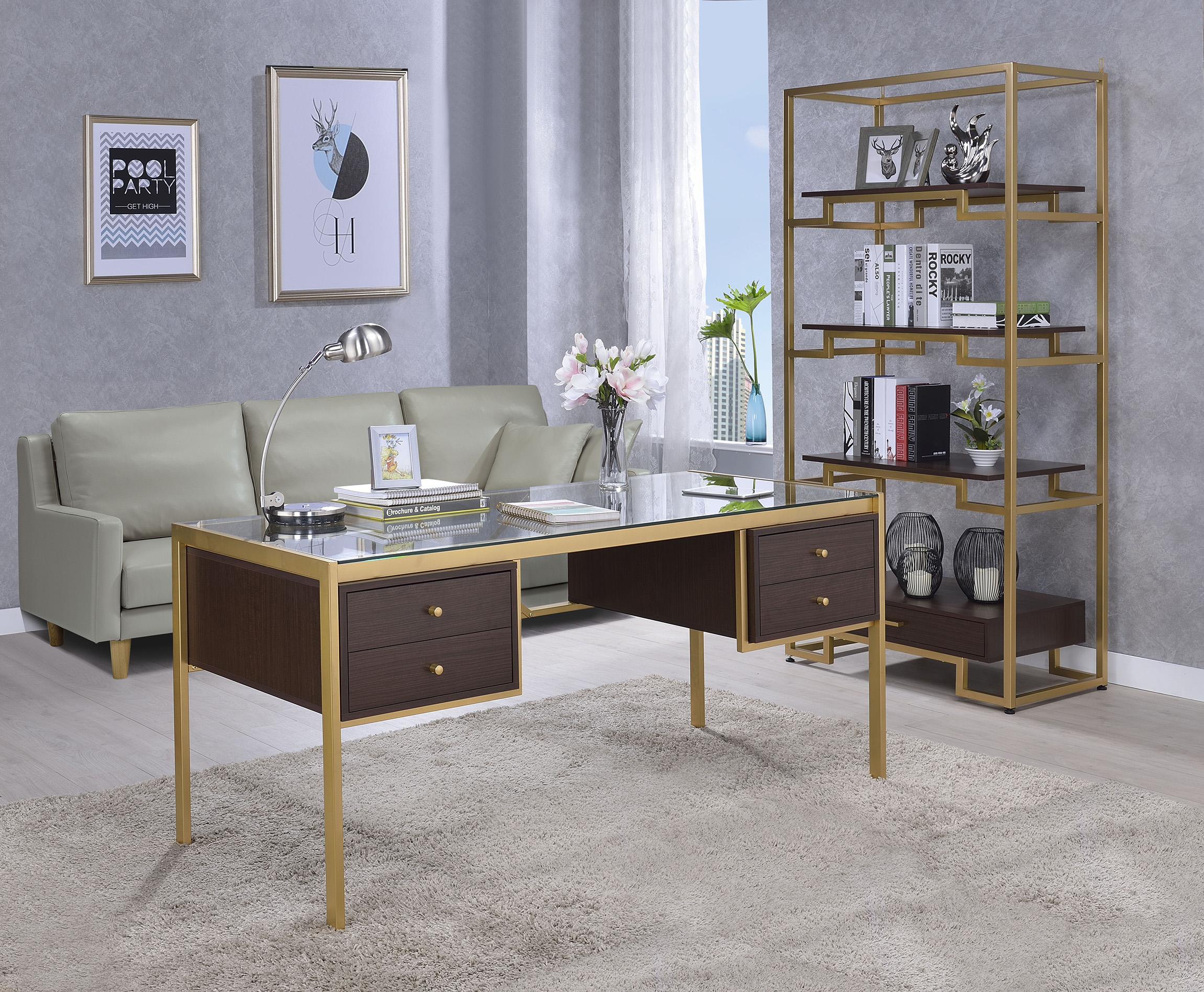 

    
Home Office Set Gold & Clear Glass Writing Desk + Bookshelf by Acme Yumia 92785
