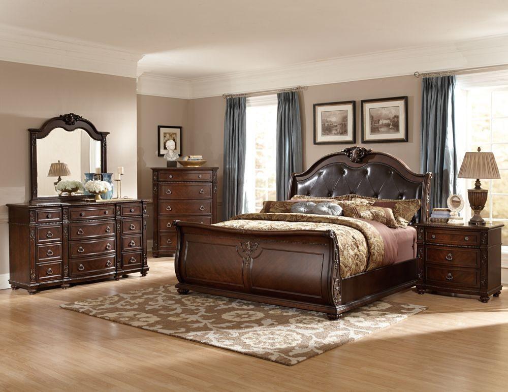 Classic, Traditional Sleigh Bedroom Set Hillcrest Manor 2169SLK-1CK Hillcrest Manor 2169SLK-1CK-Set-4 in Rich Cherry Finish Geniune Leather