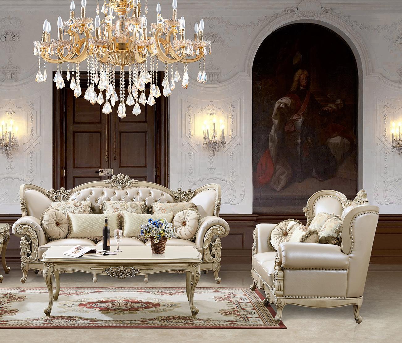 Traditional Sofa Set HD-32 HD-32-Set-2 in White Leather