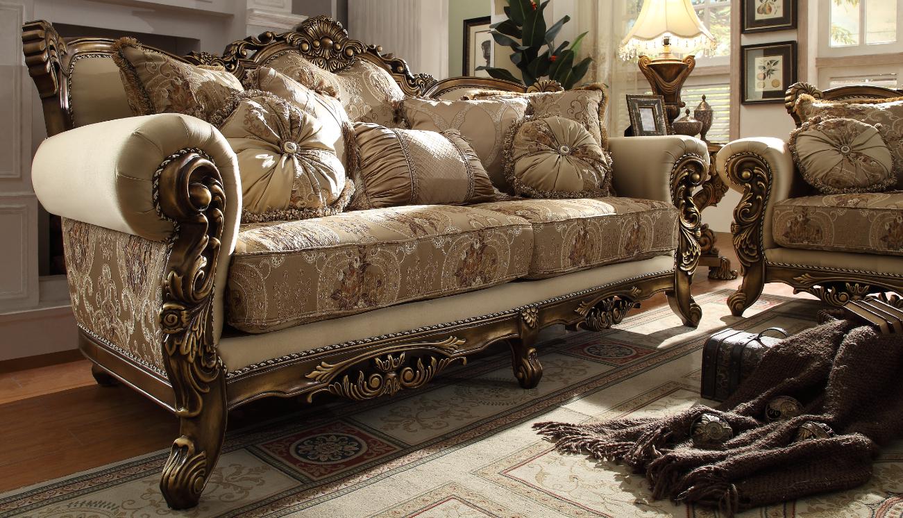 

    
Met Ant Gold & Perfect Brown Sofa Traditional Homey Design HD-506
