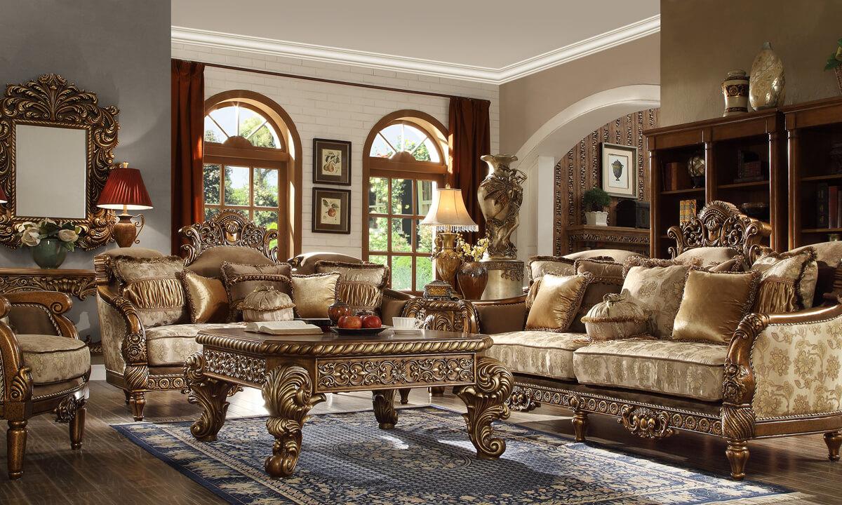 

    
Metallic Antique Gold Floral Pattern Sofa Set 2Pcs Traditional Homey Design HD-610
