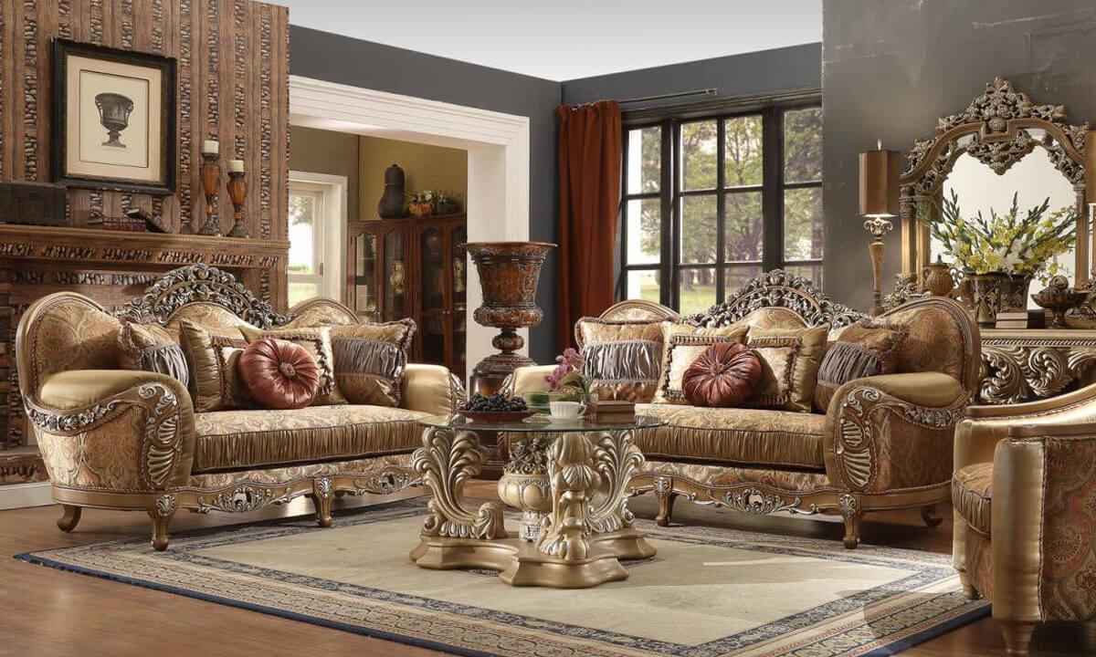 Traditional Sofa Set HD-622 – 3PC SOFA SET HD-622-SSET3 in Antique, Gold, Brown Fabric