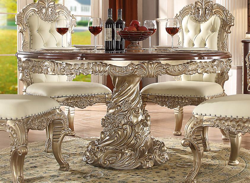

    
Antique White Silver Round Dining Table Set 7Pcs w/Dresser Homey Design HD-8017

