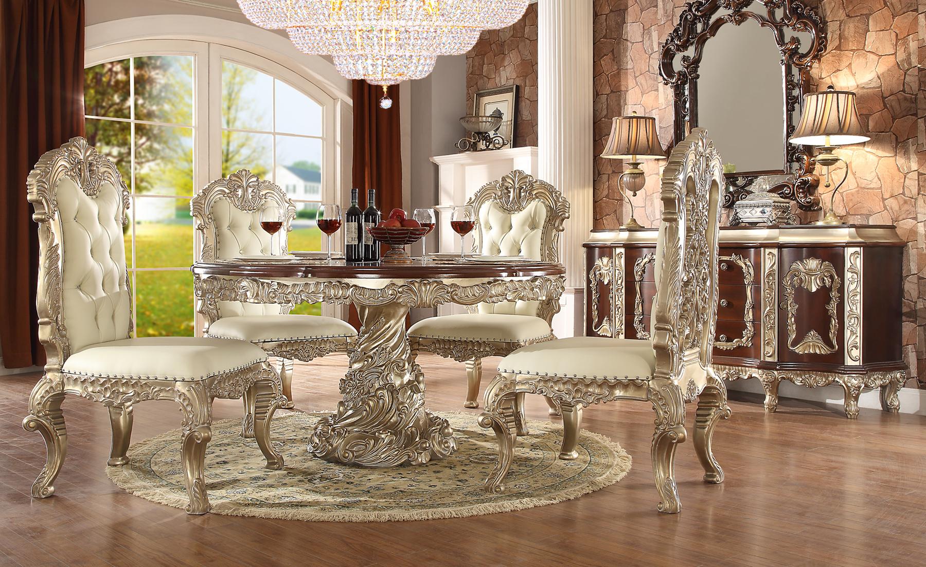 

    
Antique White Silver Round Dining Table Set 5Pcs Traditional Homey Design HD-8017
