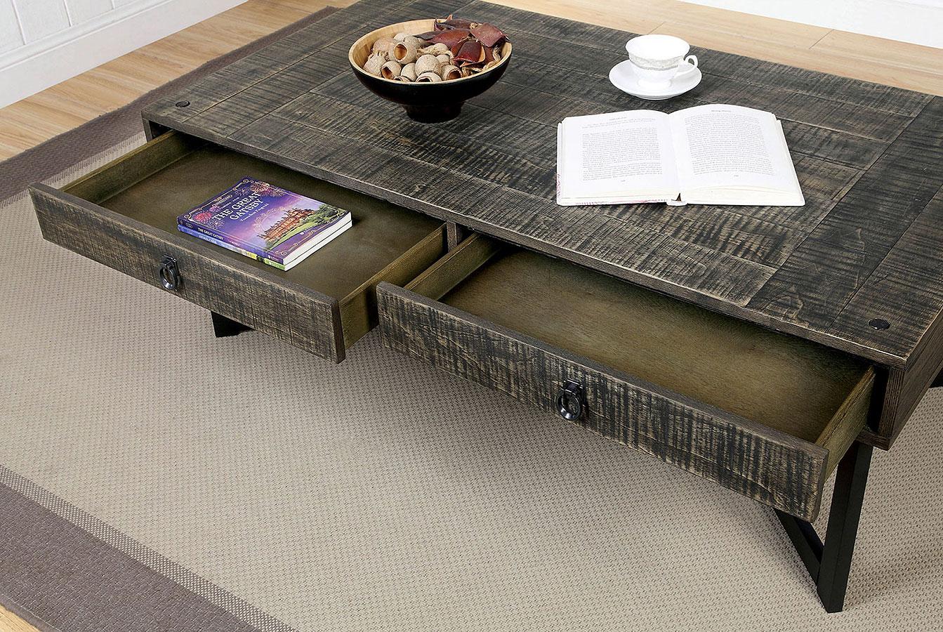 

    
Industrial Dark Oak & Espresso Solid Wood Coffee Table Furniture of America CM4498C Veblen
