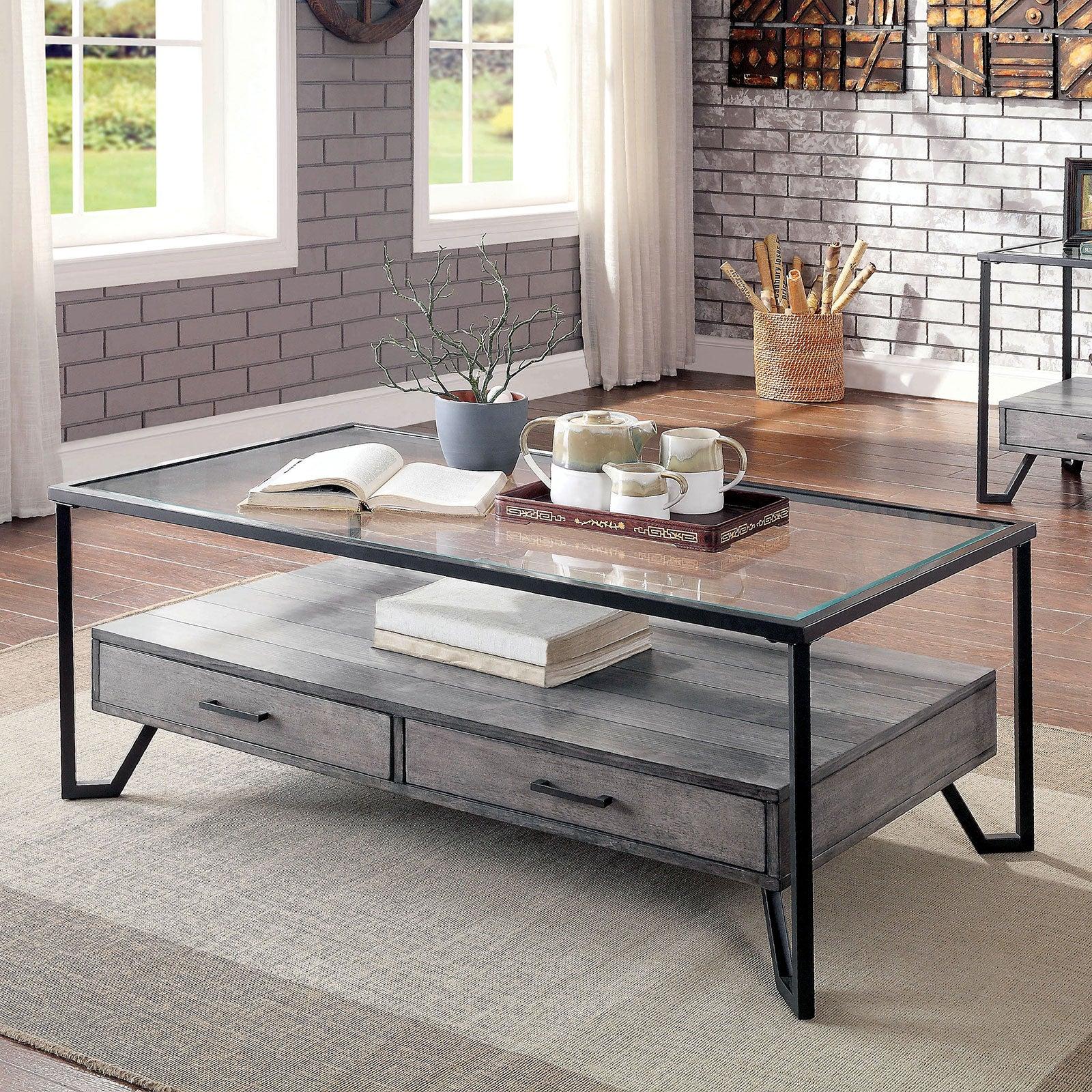 

    
Industrial Gray & Black Tempered Glass Top Coffee Table Furniture of America CM4348C Ponderay
