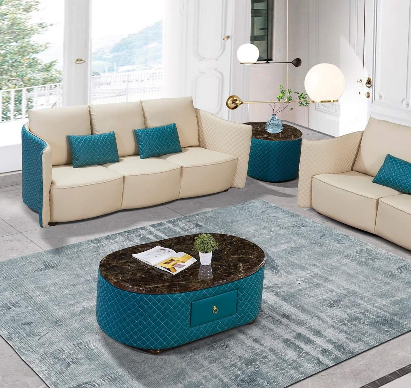 Contemporary, Modern Coffee Table Set MAKASSAR EF-52554-CT-Set-2 in Blue Italian Leather