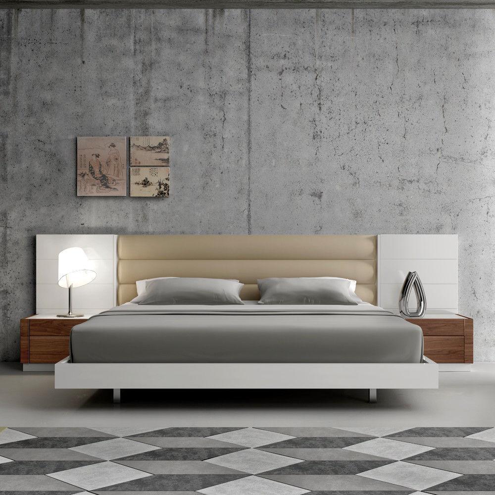 Contemporary Platform Bedroom Set Lisbon SKU17871-EK-Set-3 in White, Beige Leather