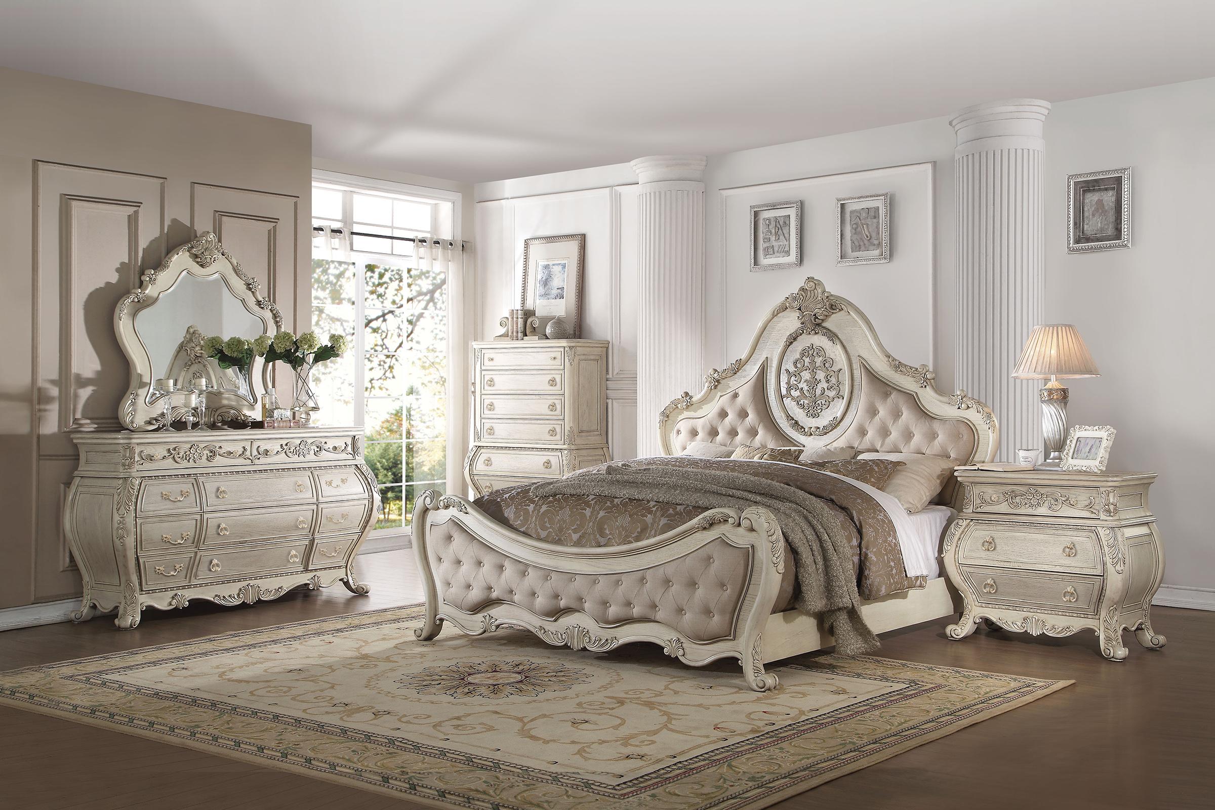 

    
Luxury Beige Linen/Antique White Queen Bed set 6pcs Ragenardus 27010Q Acme
