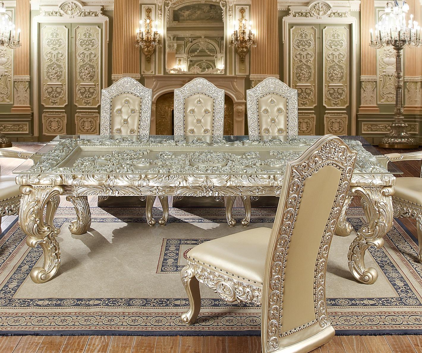 Traditional Dining Table HD-8022 HD-D8022 in Champagne Glass Top