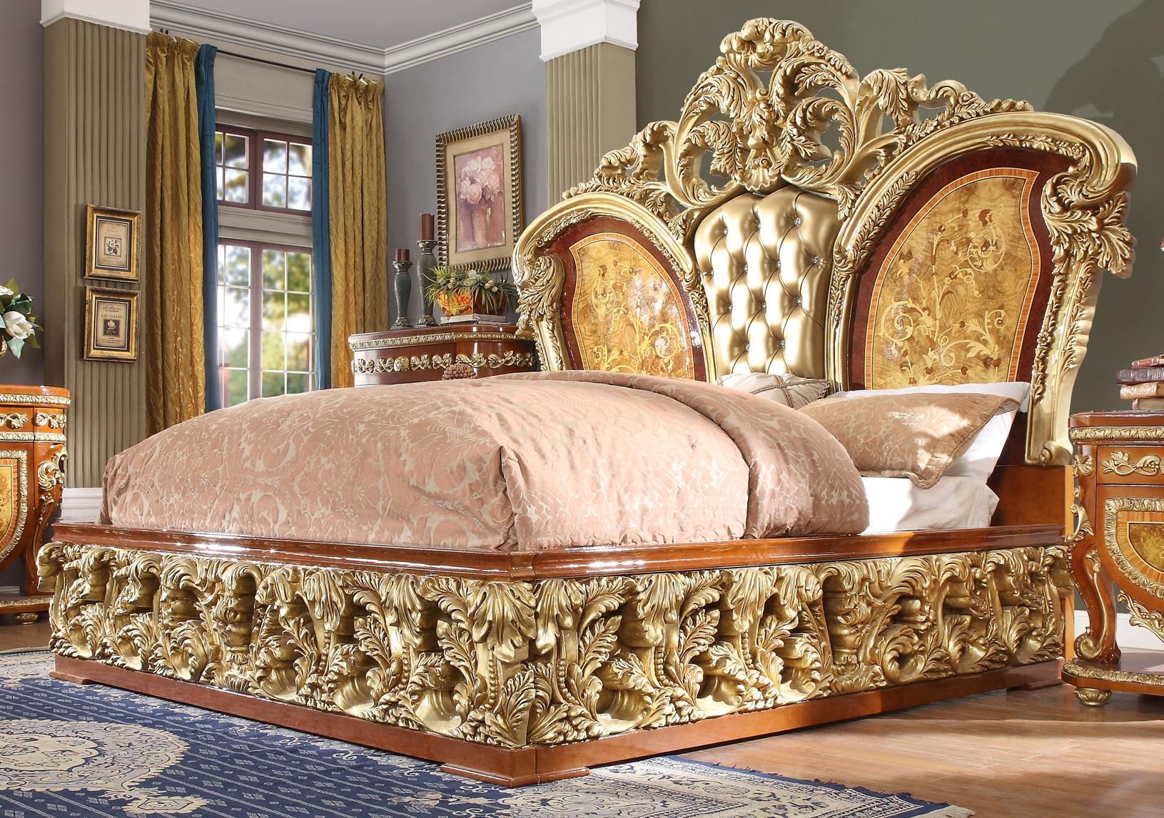 

    
Luxury KING Bedroom Set 7 Psc Gold Curved Wood Homey Design HD-8024
