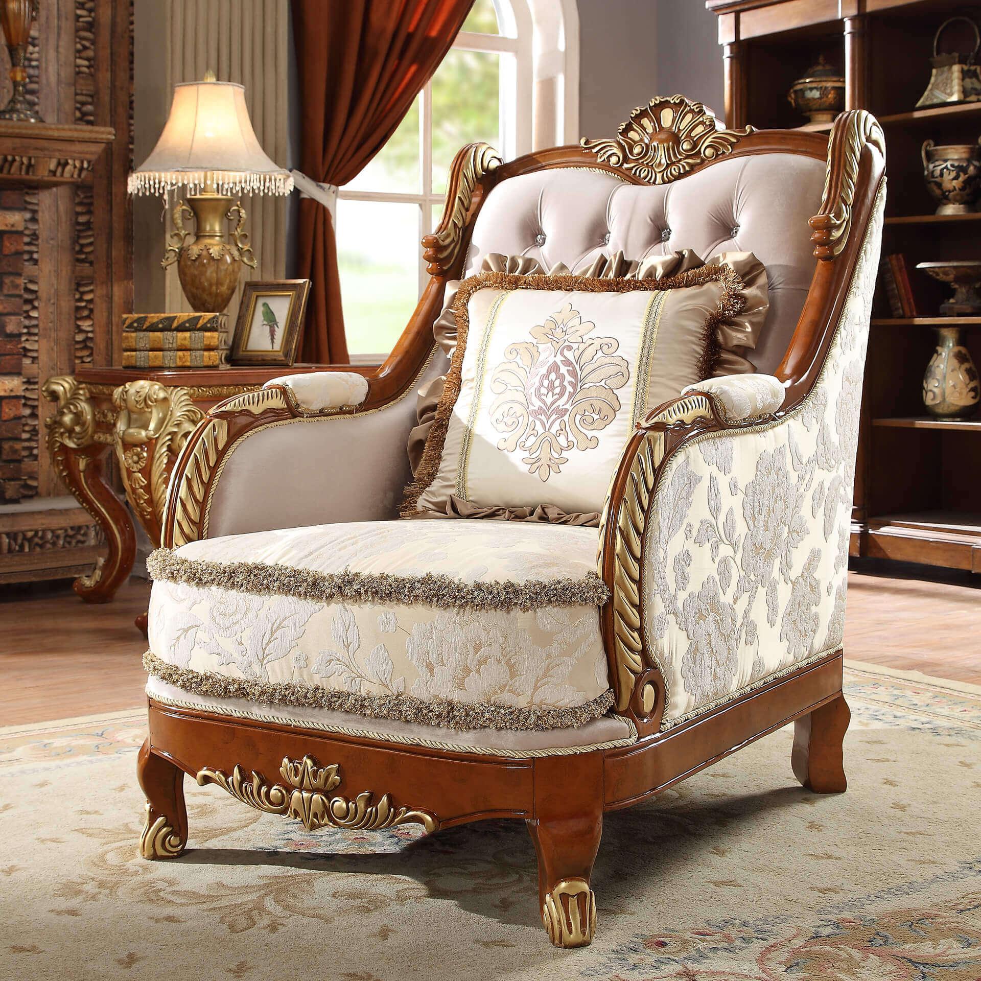 Traditional Arm Chairs HD-814 HD-C814 in Cherry, Tan, Gold Fabric