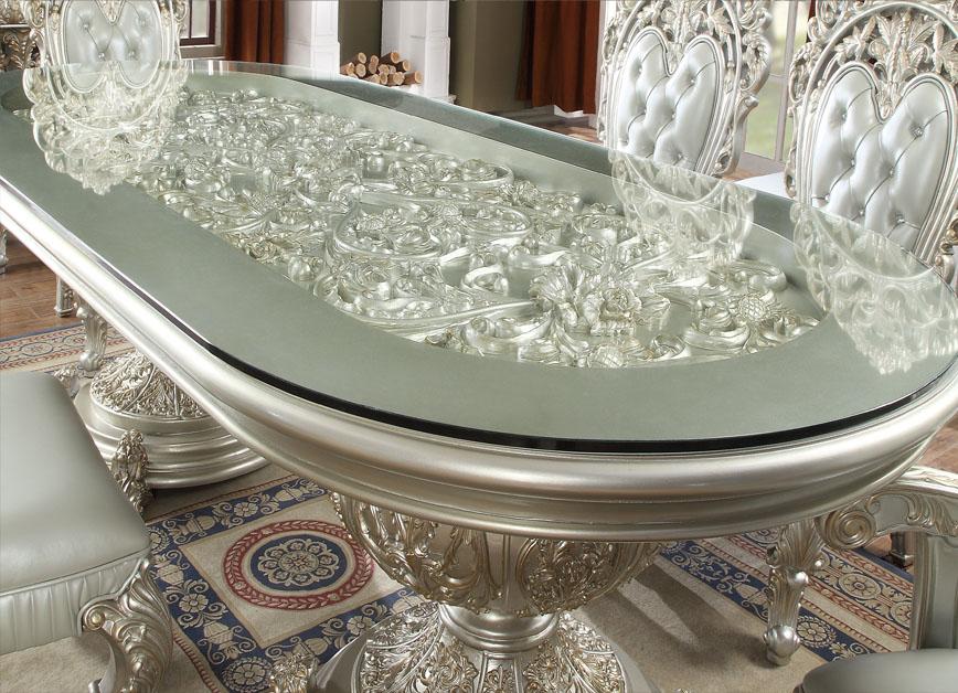 

    
Baroque Belle Silver Rectangular Dining Table Glass Top Homey Design HD8088
