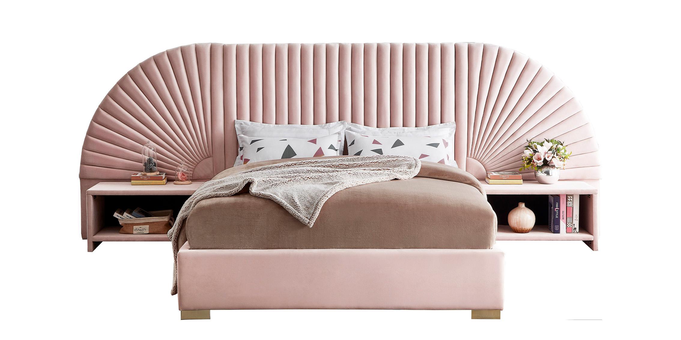 Contemporary Platform Bedroom Set CLEO Pink-Q CleoPink-Q-Set-3 in Pink Velvet