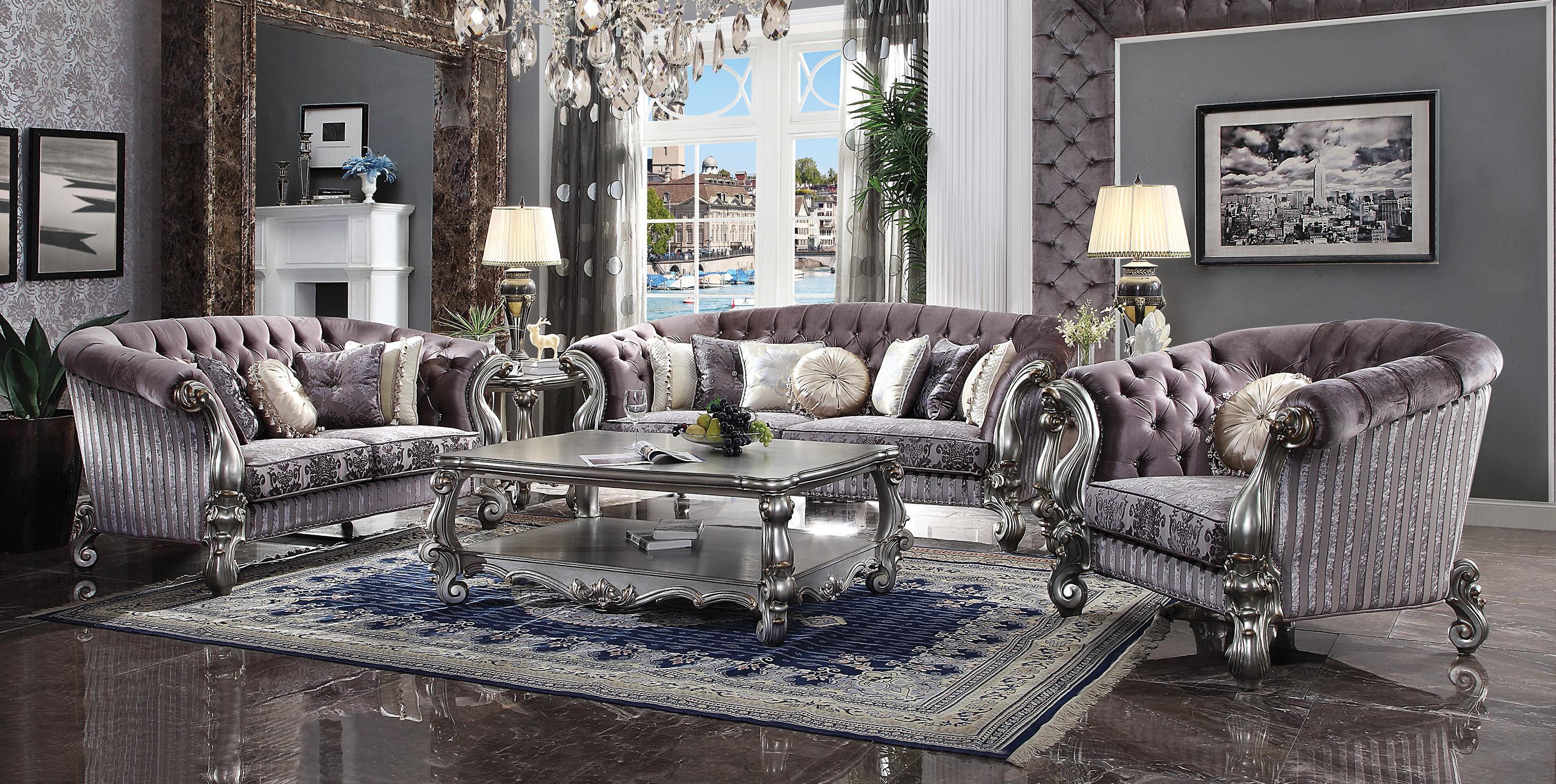 Traditional,  Vintage Sofa Versailles-56825 Versailles-56825 in Platinum, Antique, Silver, Gray Velvet