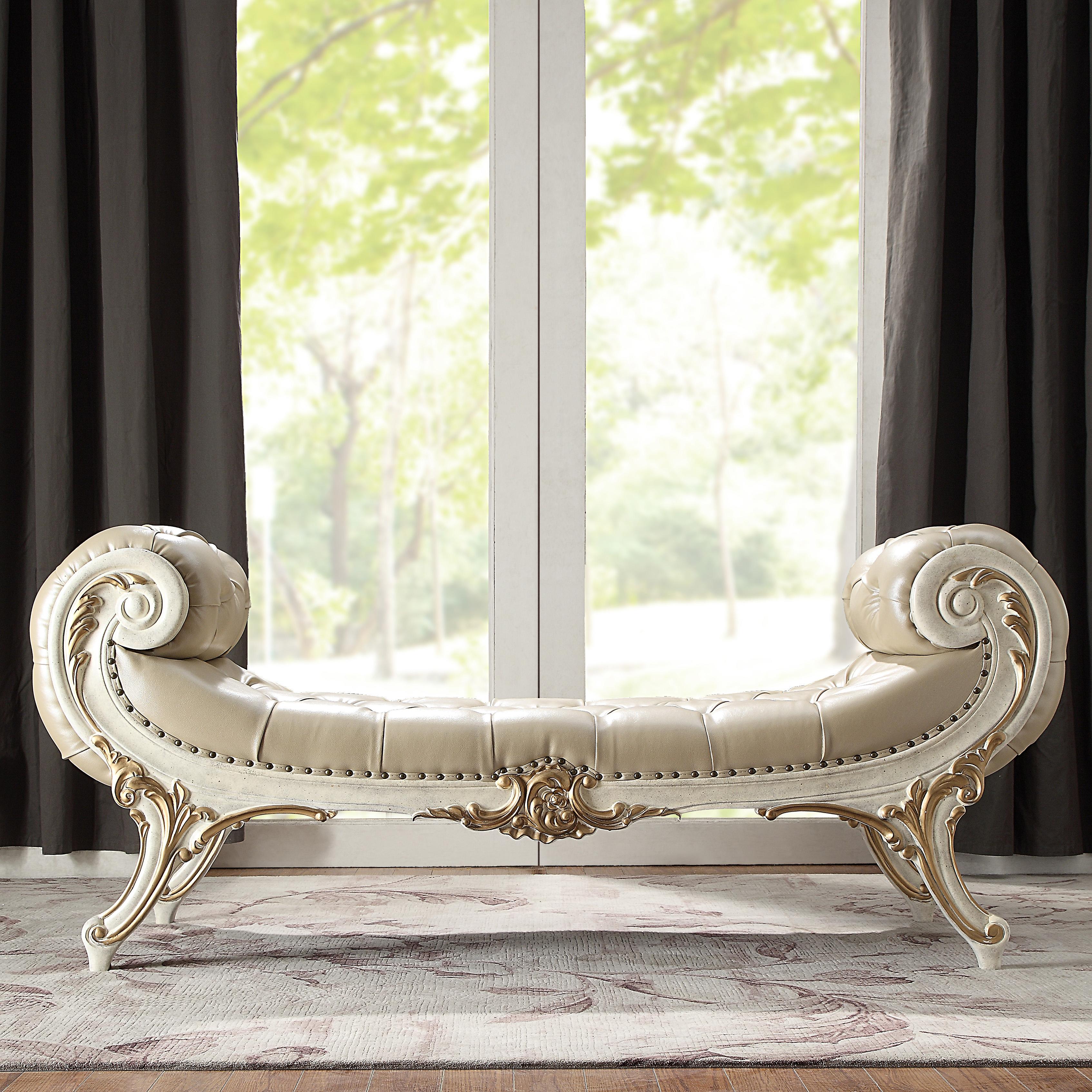 Traditional Bench HD-8030 HD-BEN8030 in White, Gold Faux Leather