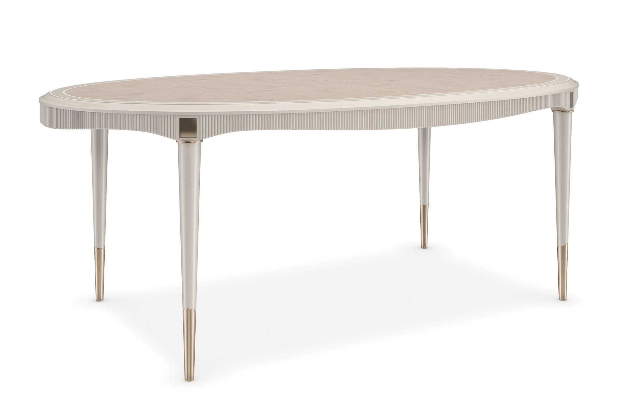 

    
Matte Pearl & Whisper of Gold Finish Dining Table LOVE FEAST by Caracole
