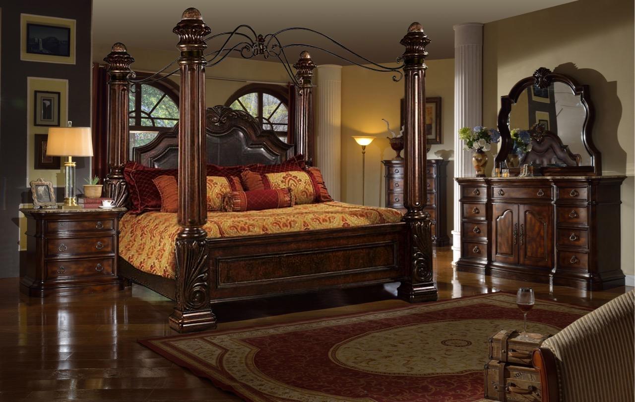 Classic, Traditional Canopy Bed B6005 B6005-Q in Brown Faux Leather