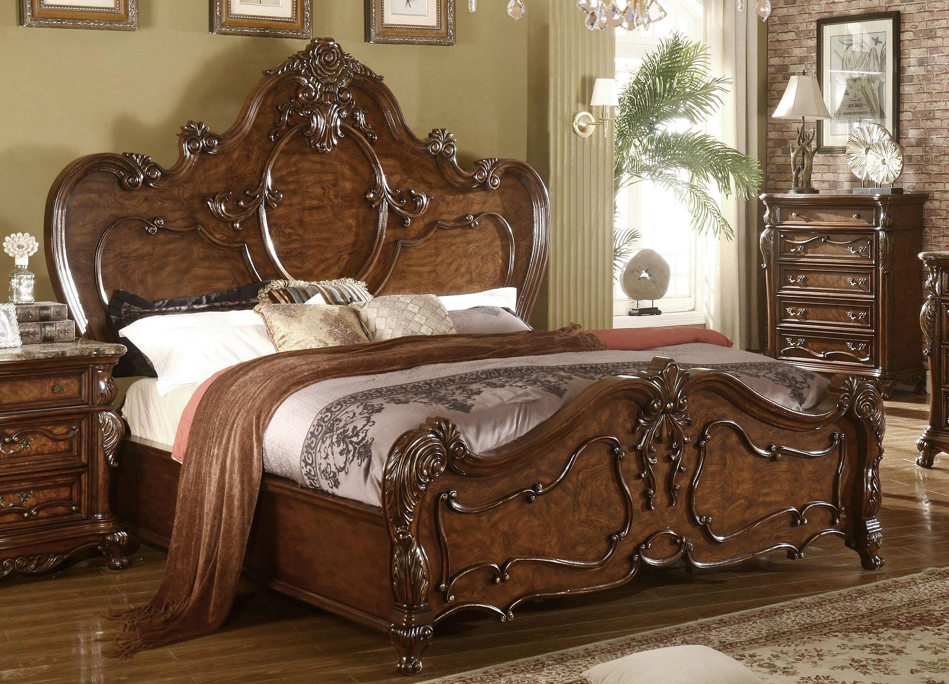 

    
Cherry Oak Carved Wood Queen Bed Traditional Mcferran B7189
