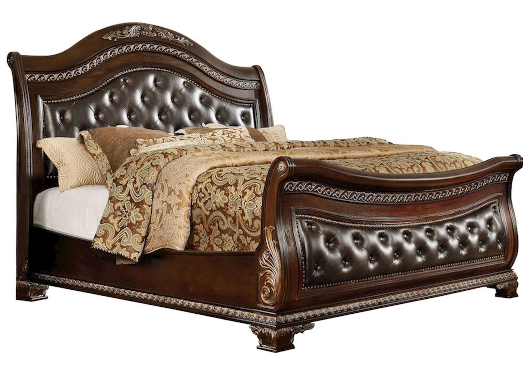 Classic, Traditional Sleigh Bed B9588 B9588-Q in Dark Cherry Finish, Oak Veneers Leather