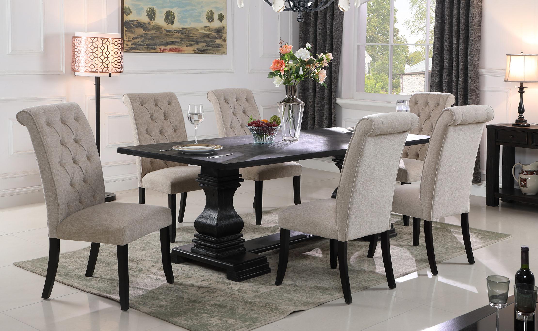 

    
Black Double Pedestal Table  & Linen Fabric Chairs Dining Set 7Pcs McFerran D7700
