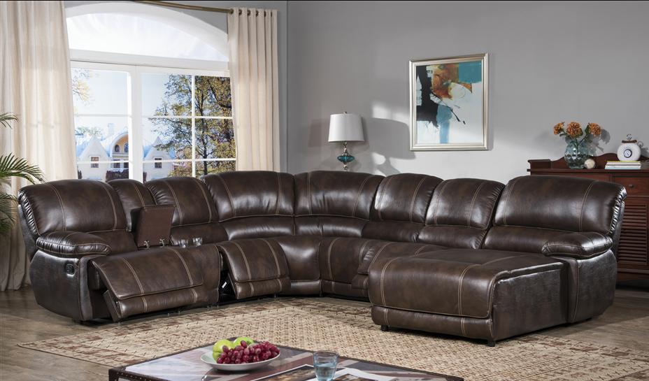 

    
Brown Leather Air Reclining 4Pcs Sectional w/Chaise Contemporary McFerran SF3673
