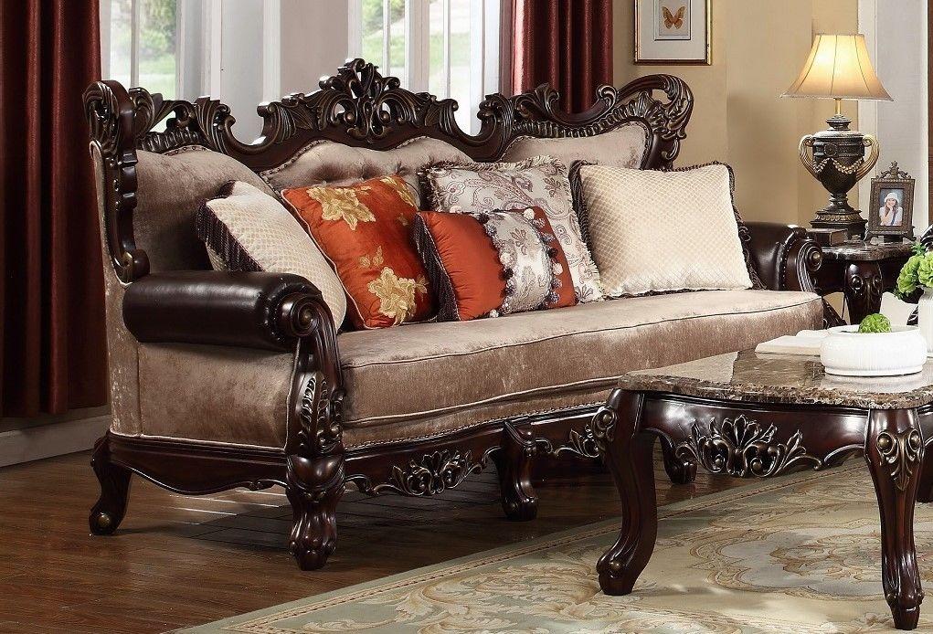

    
Victorian Dark Carved Wood Beige Chenille Sofa Set 3Pcs McFerran SF6788
