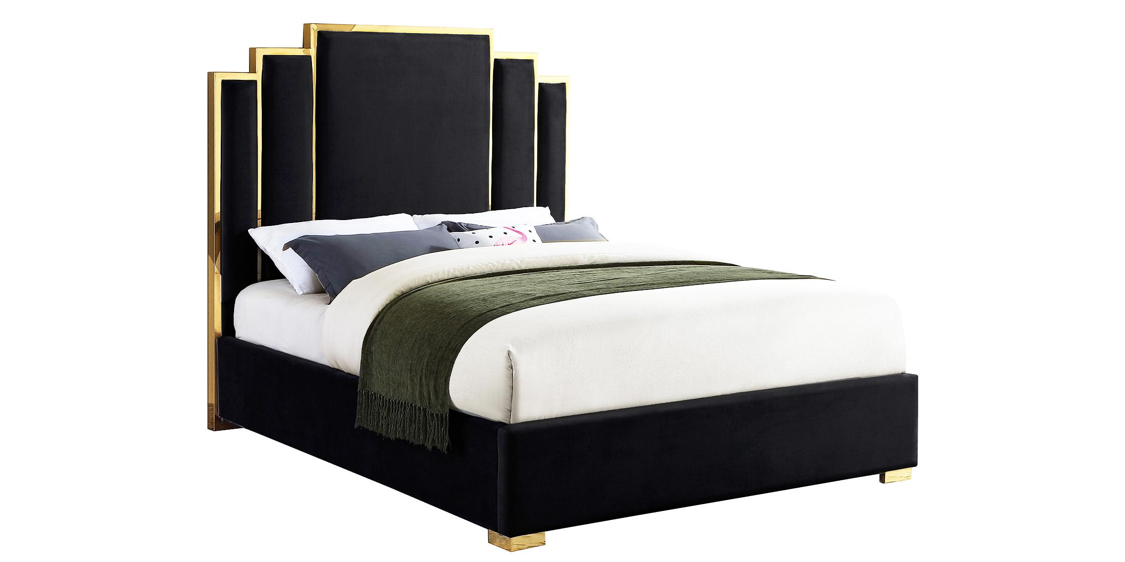 Contemporary Platform Bed HUGO HugoBlack-K HugoBlack-K in Gold, Black Velvet