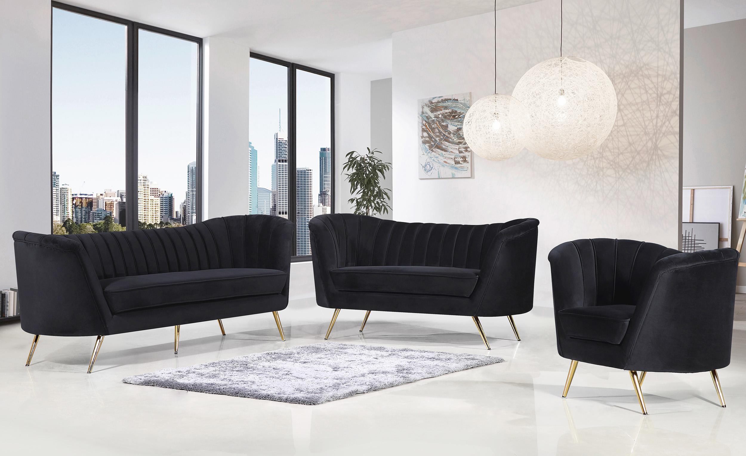 

    
Black Velvet Sofa Set 3Pcs Meridian 622Black-S Margo Modern Contemporary
