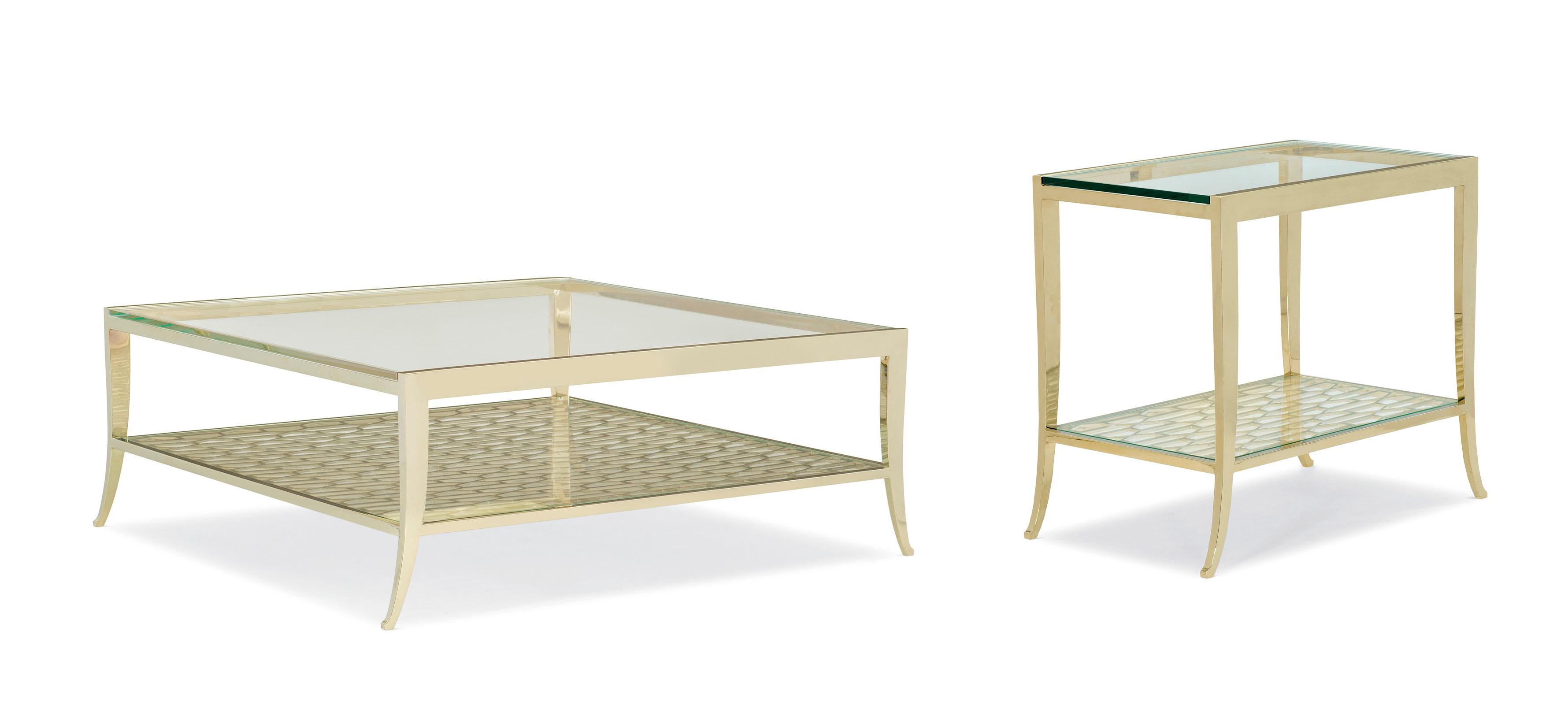 

    
Metal Frame In Whisper of Gold Coffee Table & End Table PATTERN RECOGNITION by Caracole
