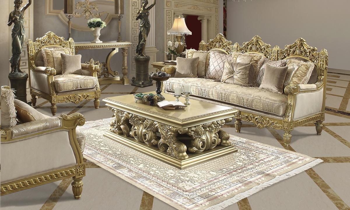 

    
Metallic Bright Gold Sofa Set 3Pcs Carved Wood Traditional Homey Design HD-2659

