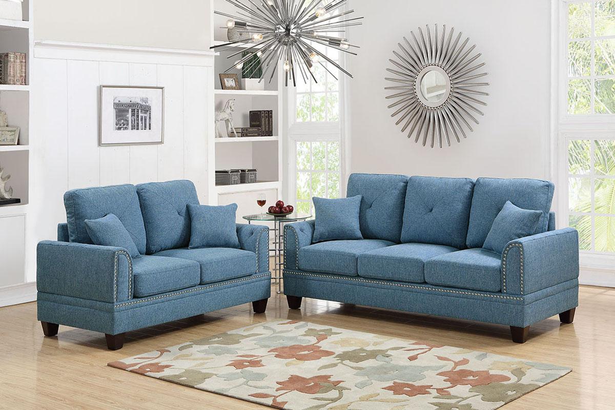 

    
Blue Fabric Sofa Loveseat Set 2-Pcs F6508 Poundex Modern
