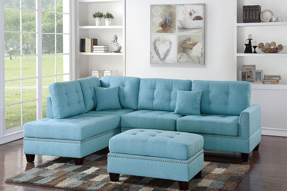 Modern 3-Pcs Sectional Sofa F6505 F6505 in Blue Fabric