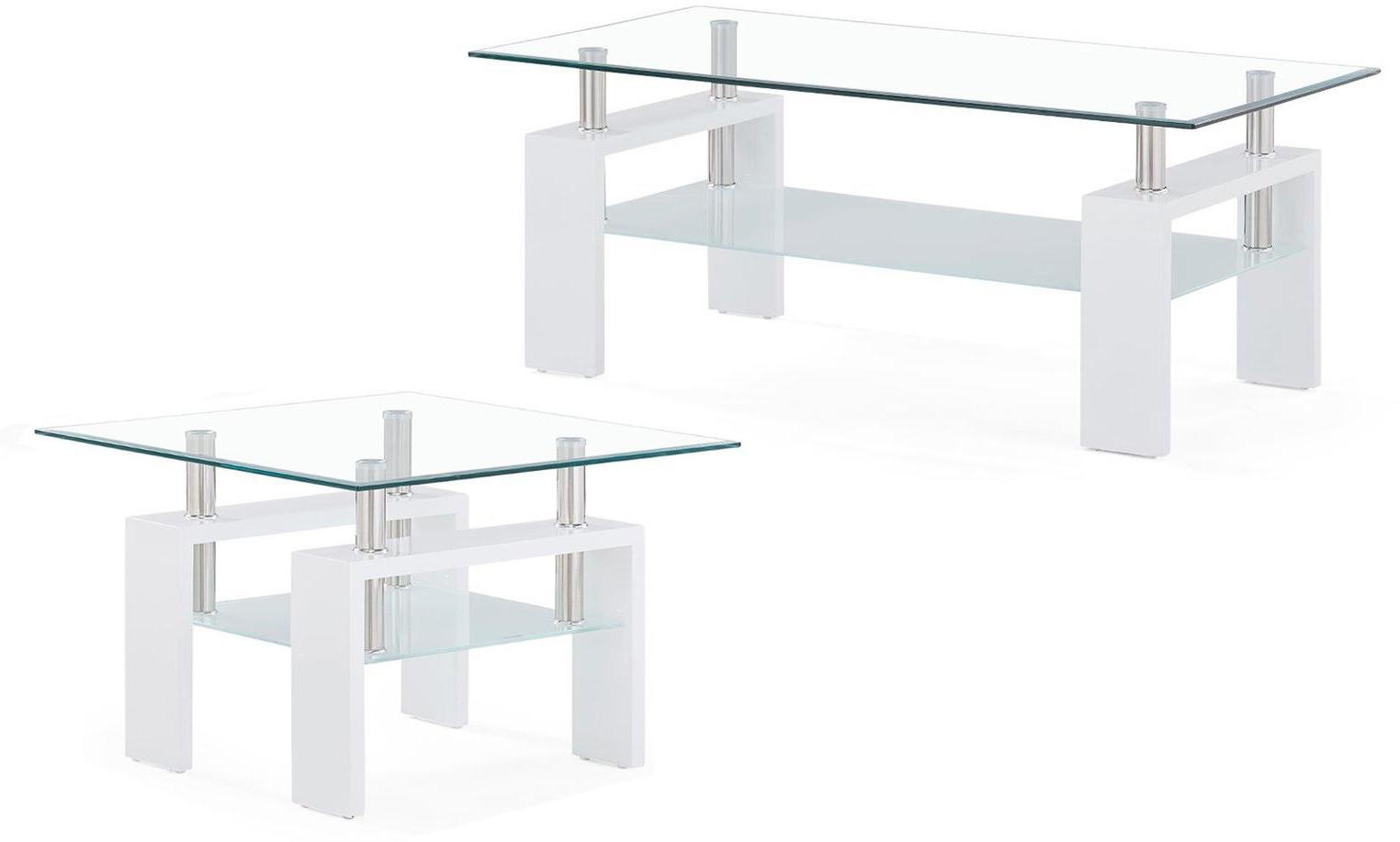 Modern Coffee Table and End Table Set T648CT & ET WHITE T648CT-2PC in Clear, White Glass Top