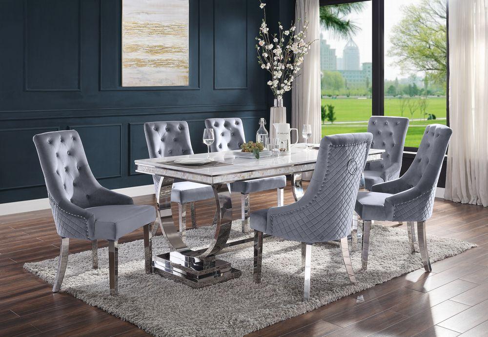 

    
Modern Faux Marble & Mirrored Silver Dining Table + 4x Chairs by Acme Zander 68250-5pcs
