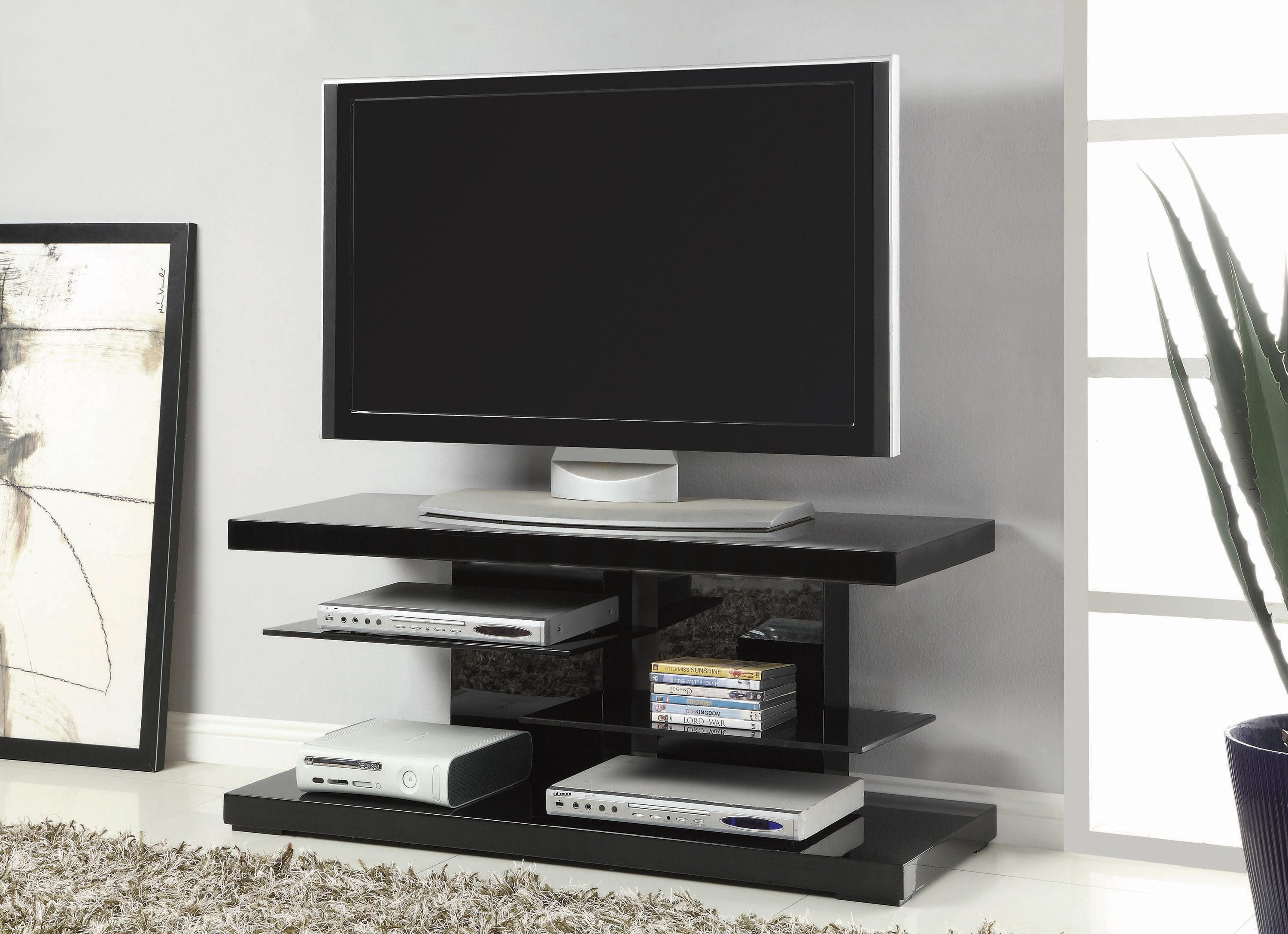

    
Modern Glossy Black Tempered Glass TV Console Coaster 700840
