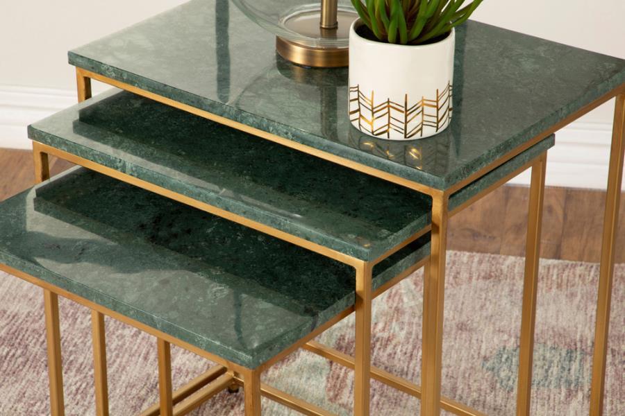 

    
Modern Green Marble Top Nesting Tables Set 3pcs Coaster 936017
