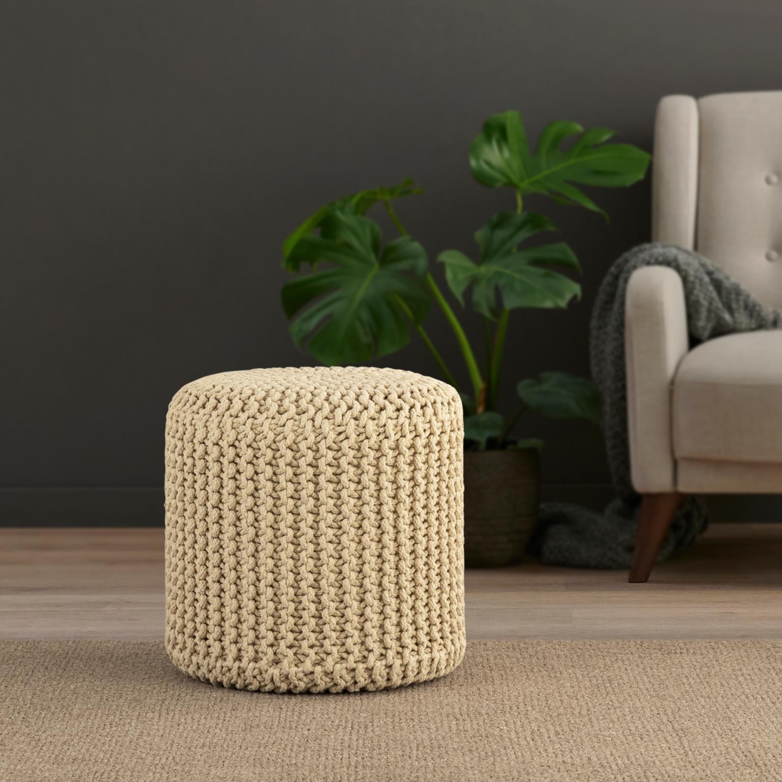 Contemporary, Modern Ottoman CY1616 Cylindrical Pouf 718852652574 718852652574 in Ivory Chenille