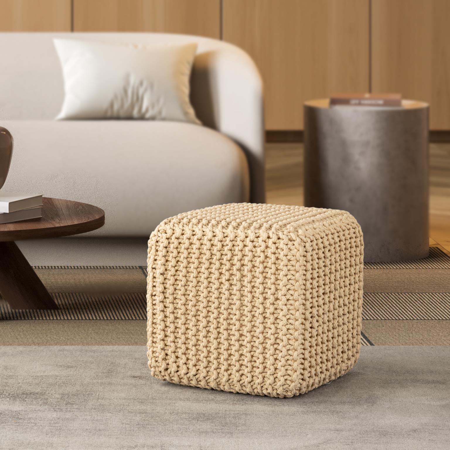 Modern Ottoman SQ1616 Square Pouf 718852652536 718852652536 in Ivory Chenille
