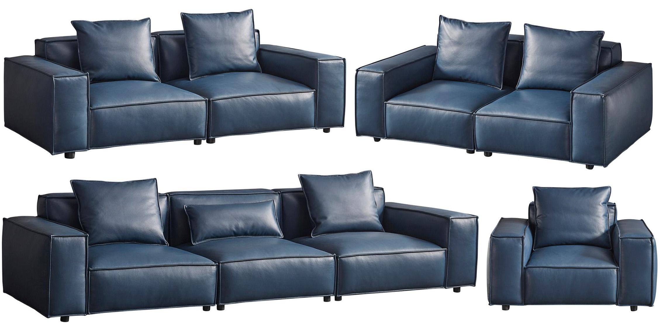 Contemporary, Modern, Urban Sofa Set EK8008-NB EK8008-NB-Set-4 in Blue Leather