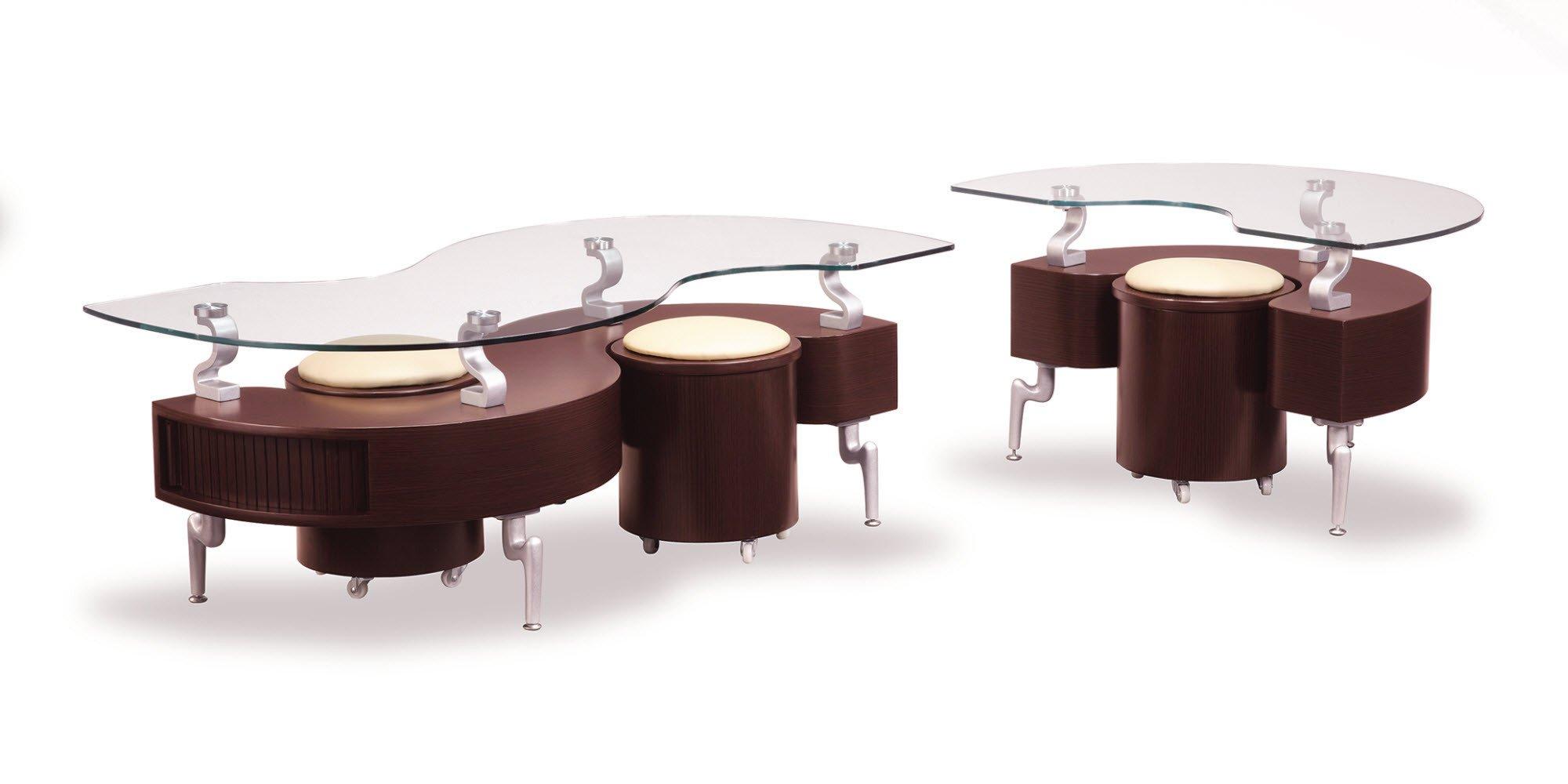 Modern Coffee Table and End Table Set T288MC T288MC-2PC in Clear, Mahogany Glass Top