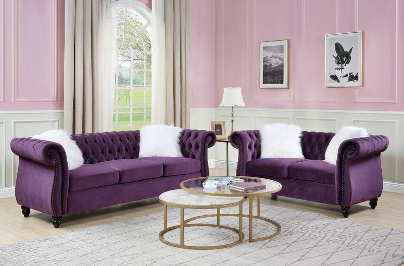 

    
 Order  Modern Purple Velvet Sofa + Loveseat by Acme Thotton LV00340-2pcs
