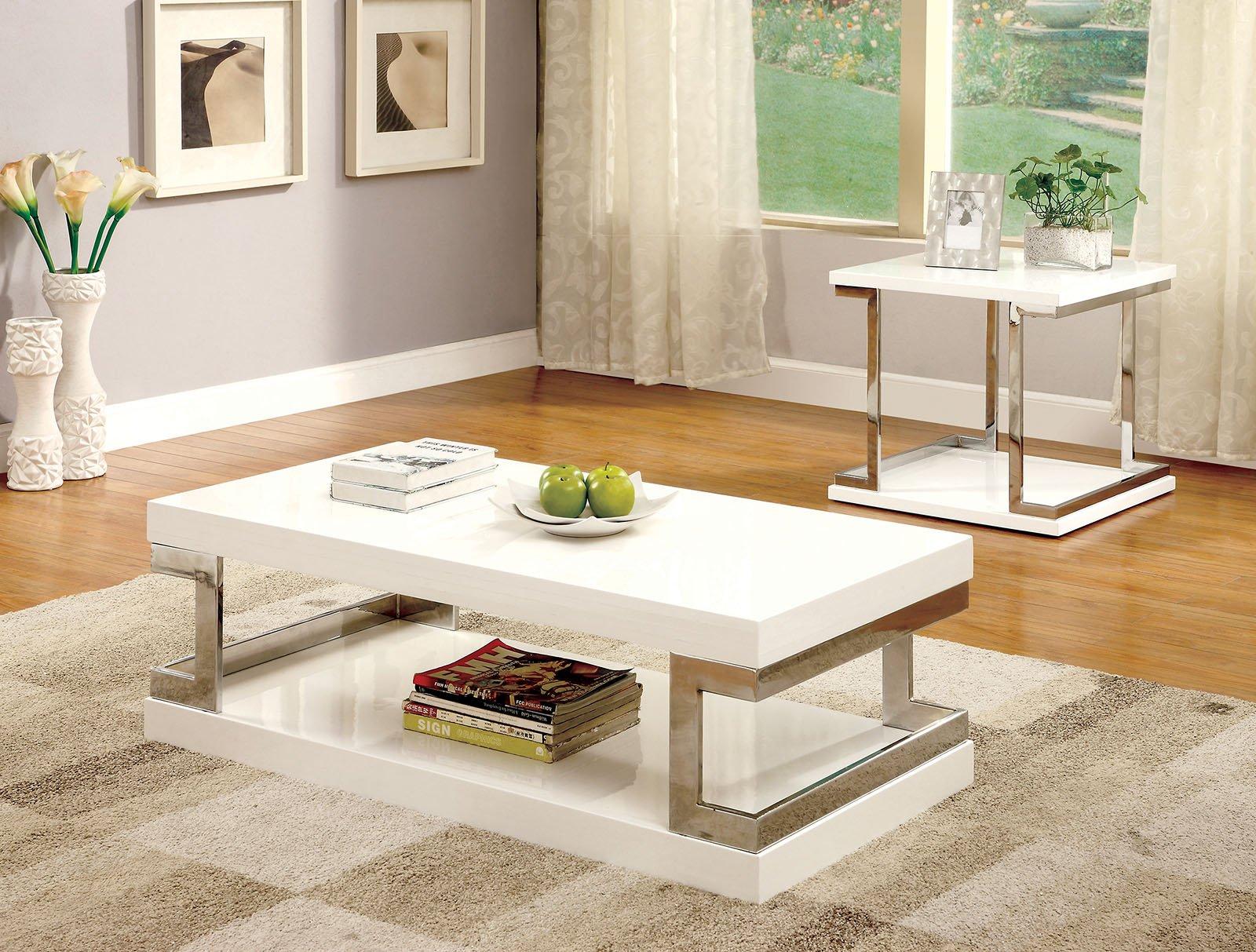 

    
White & Chrome Metal Coffee Table Set 3Pcs MEDA CM4486-3PC FOA Contemporary
