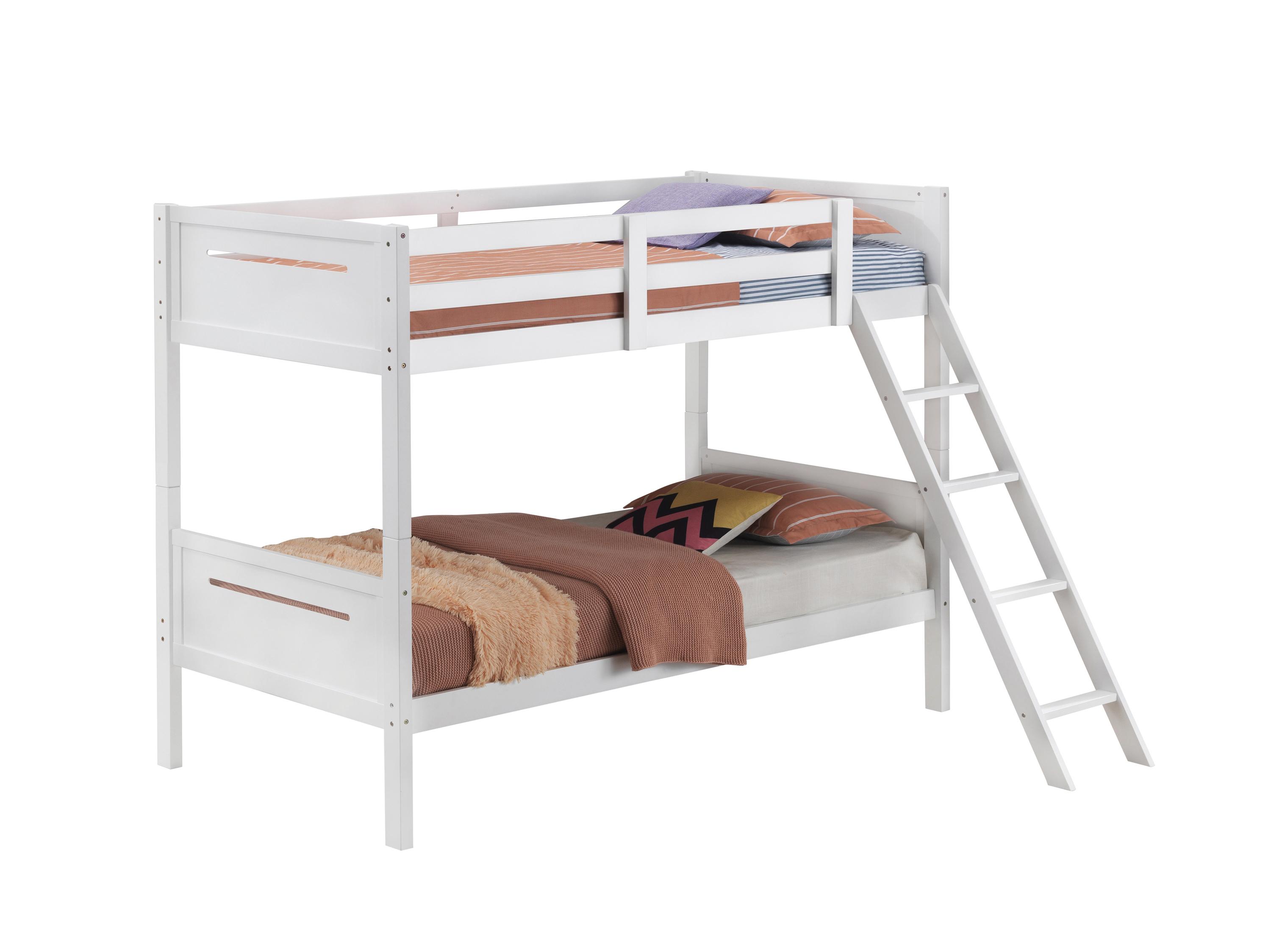 

    
Modern White Solid Rubberwood Twin/Twin Bunk Bed Coaster 405051WHT Littleton
