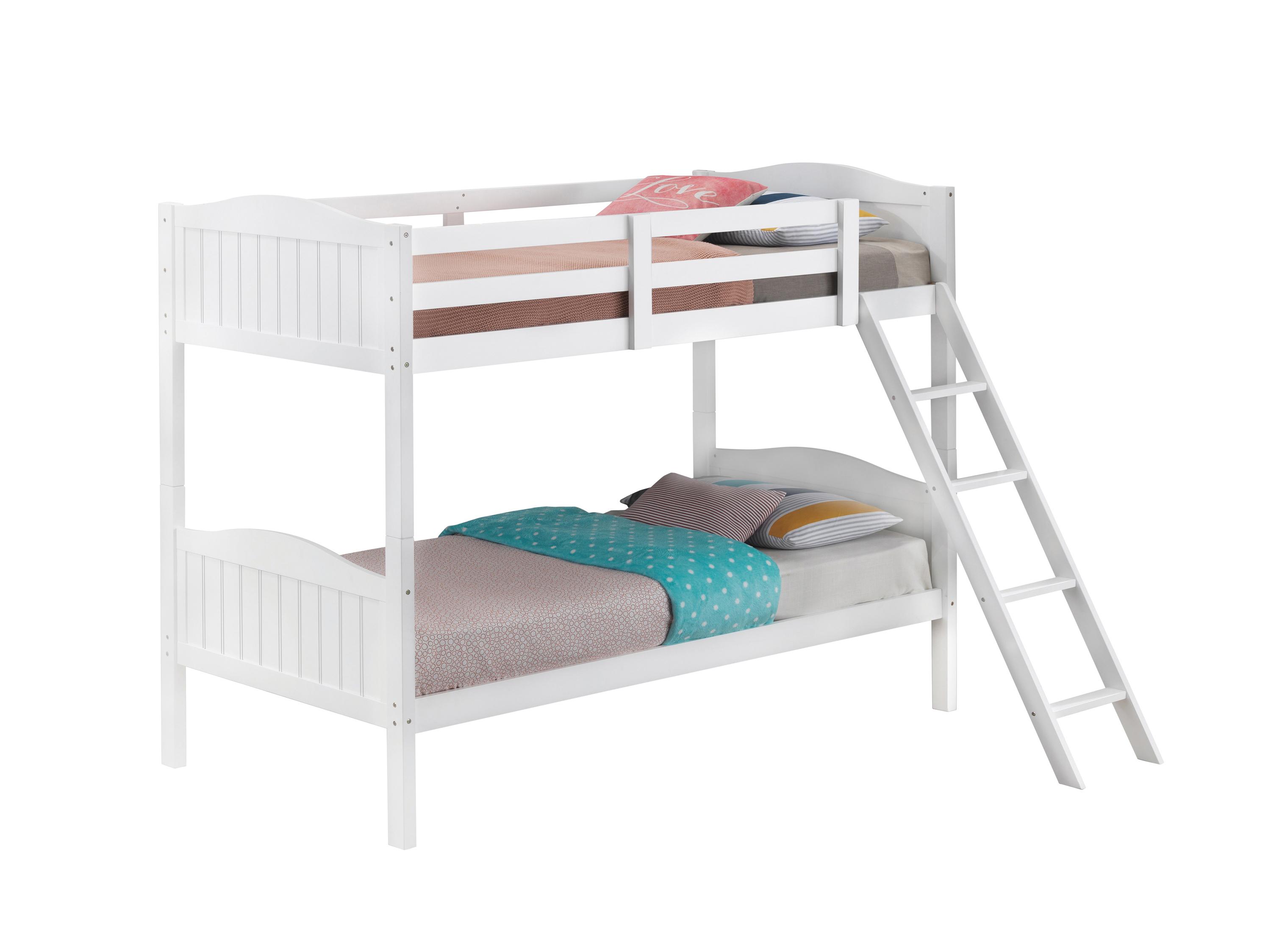 

    
Modern White Solid Rubberwood Twin/Twin Bunk Bed Coaster 405053WHT Littleton
